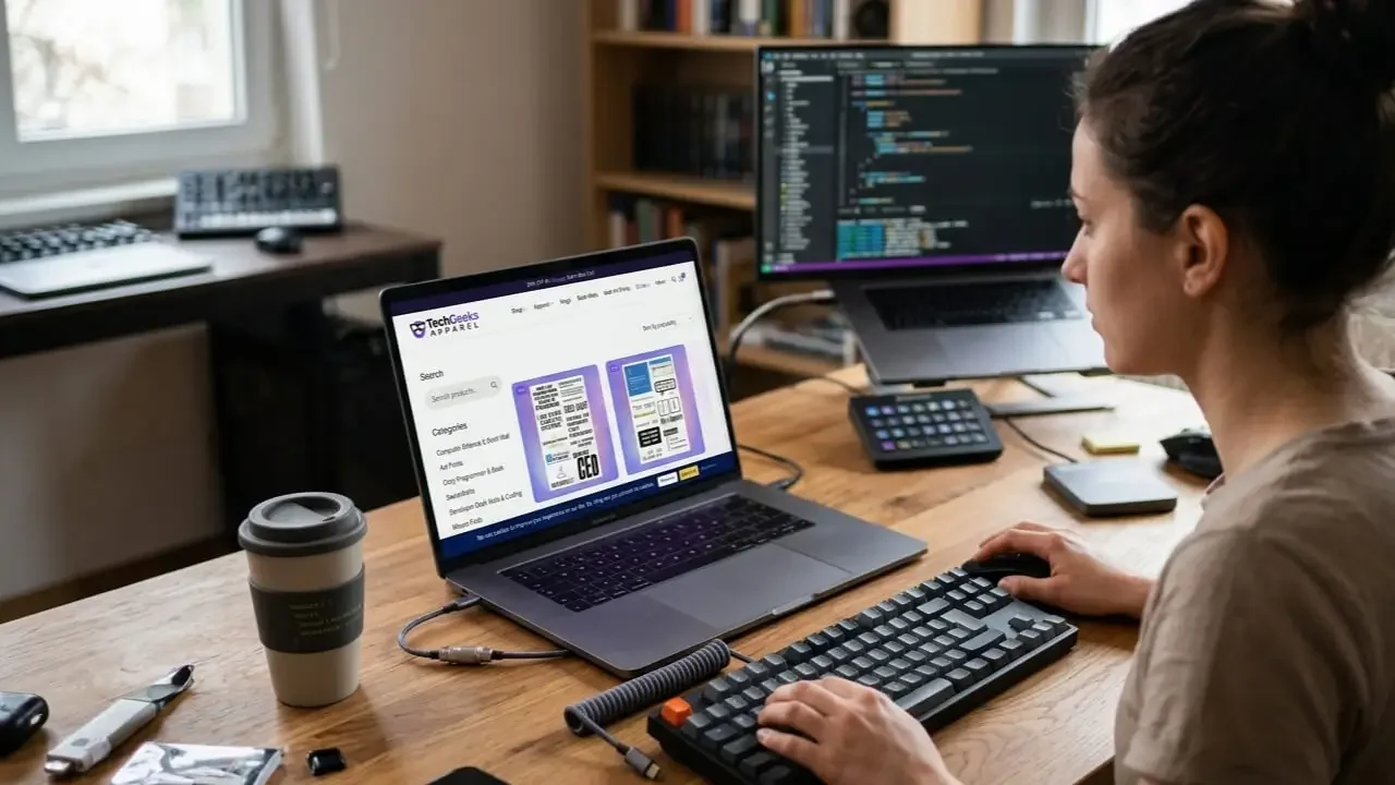 A software developer browsing an e-commerce website to find where to get laptop stickers for her workspace.