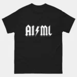 Black AI ML Rock Style Funny Tech Shirt featuring the letters AI slash ML in a high-voltage rock band logo style with jagged gothic font and a lightning bolt separator, artificial intelligence and machine learning rock parody graphic tee for tech nerds