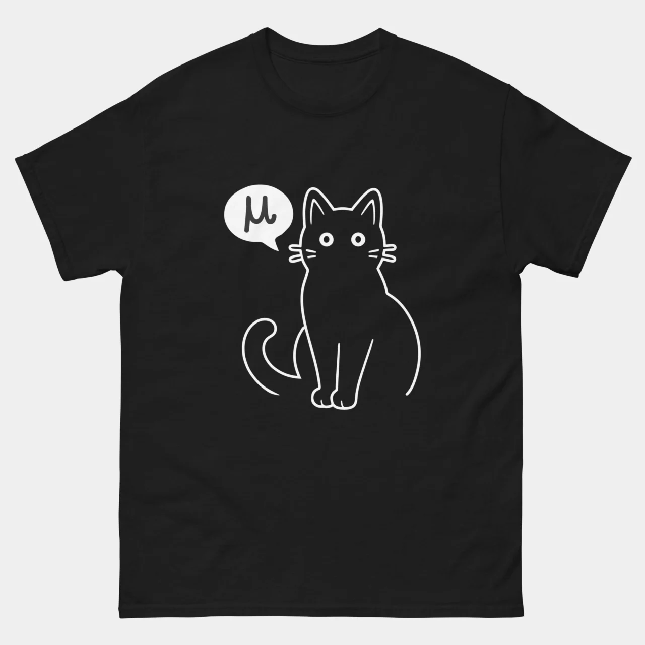 Black Mu Cat Funny Physics Pun Tee with minimal white line art of a black cat with a speech bubble containing the Greek letter mu, clever physics and math pun meow humor graphic tee for scientists and cat lovers