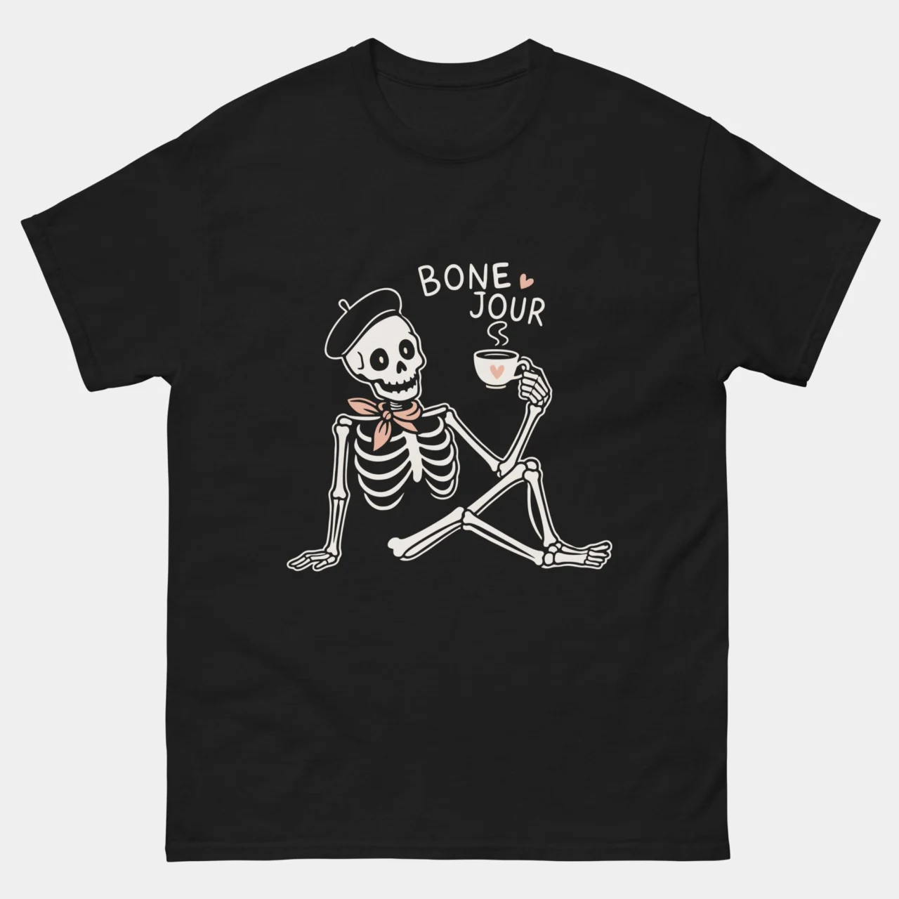 Black Bone Jour Funny French Skeleton Shirt showing a relaxed skeleton wearing a beret and holding a coffee cup with the text Bone Jour above, cute French language pun humor graphic tee