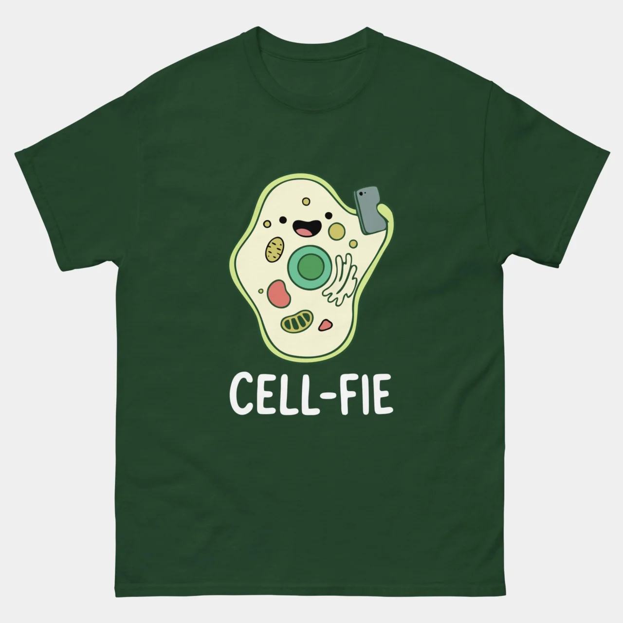 Cell-fie Funny Cell Biology Pun T-Shirt with Cute Selfie Cell Illustration in Green