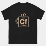 Black funny Cf Coffee Periodic Element Chemistry Tee showing a steaming coffee mug shaped as a periodic element tile with symbol Cf atomic weight 194.19 and label Coffee, chemistry and coffee lover humor graphic tee
