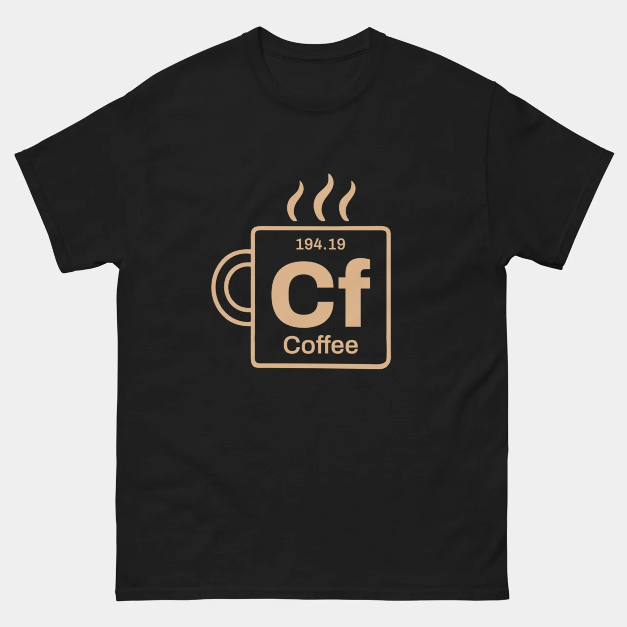 Black funny Cf Coffee Periodic Element Chemistry Tee showing a steaming coffee mug shaped as a periodic element tile with symbol Cf atomic weight 194.19 and label Coffee, chemistry and coffee lover humor graphic tee