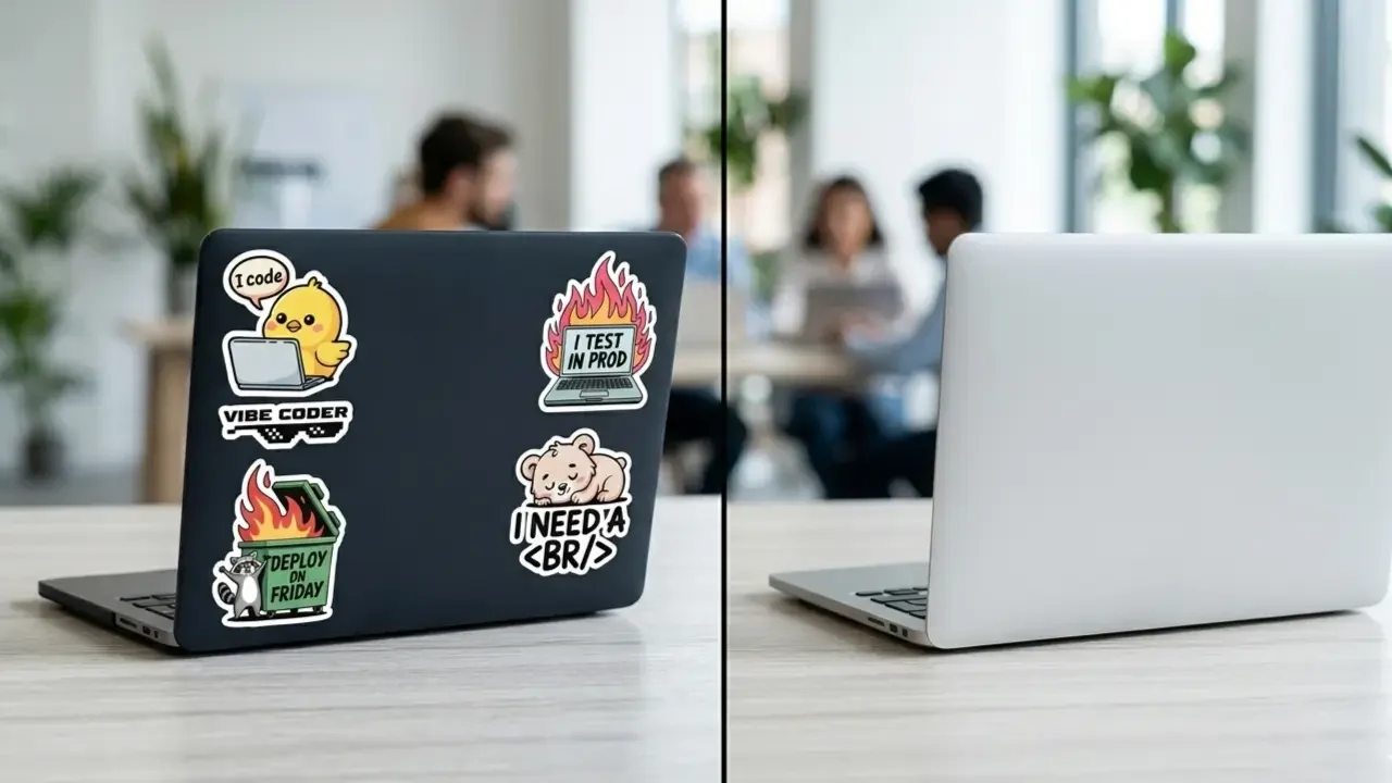 A side-by-side comparison of a dark laptop with funny programming decals and a blank silver laptop on a conference table, illustrating the question: are laptop stickers unprofessional?