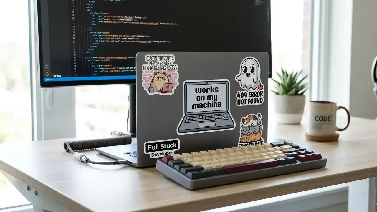 A modern programmer desk setup featuring some of the best tech laptop stickers on a space gray laptop, including works on my machine and full stuck developer decals next to a mechanical keyboard.