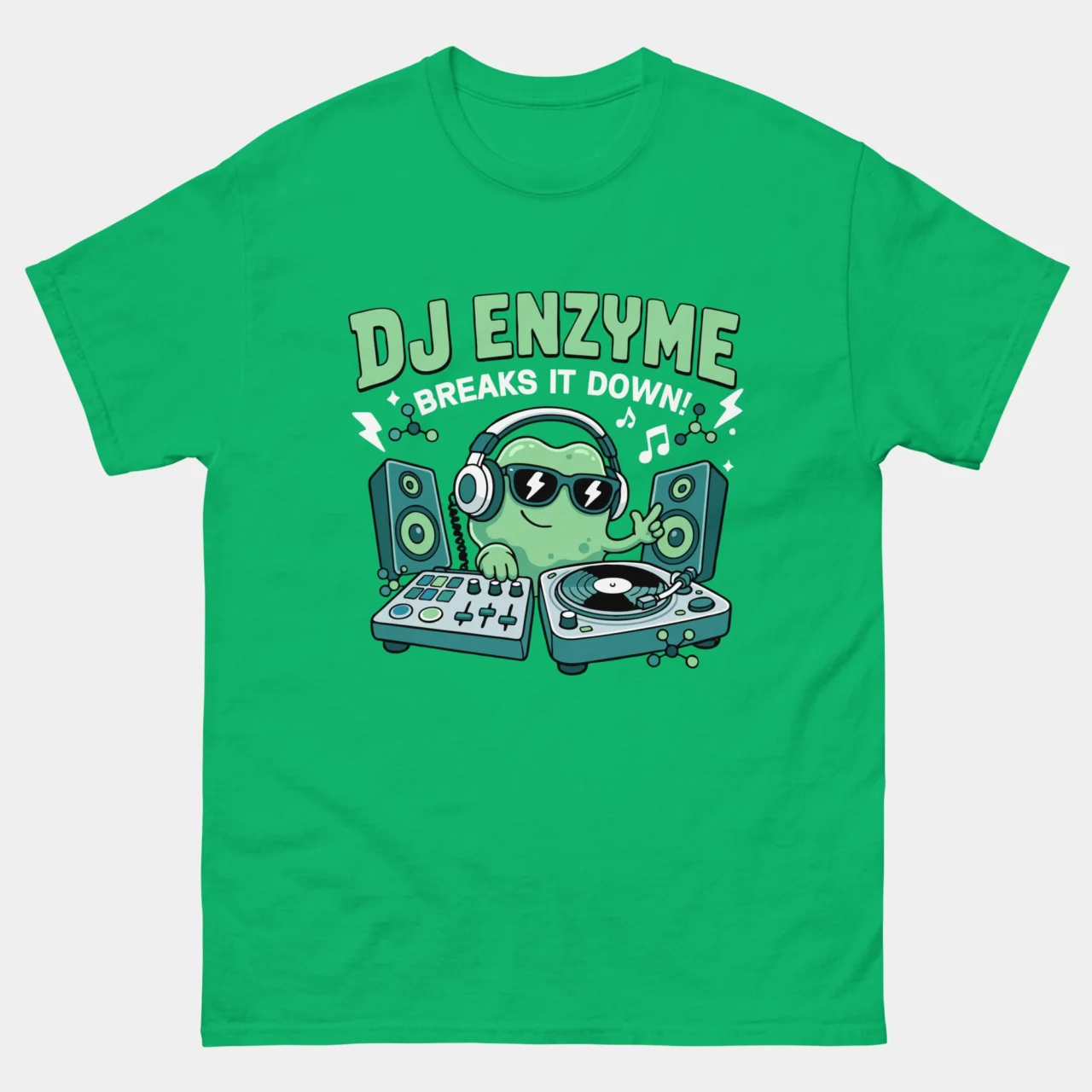 Green funny DJ Enzyme Breaks It Down Biology Shirt featuring a cartoon enzyme character wearing sunglasses and headphones DJing at a turntable above text reading DJ Enzyme Breaks It Down, cute biochemistry pun graphic tee