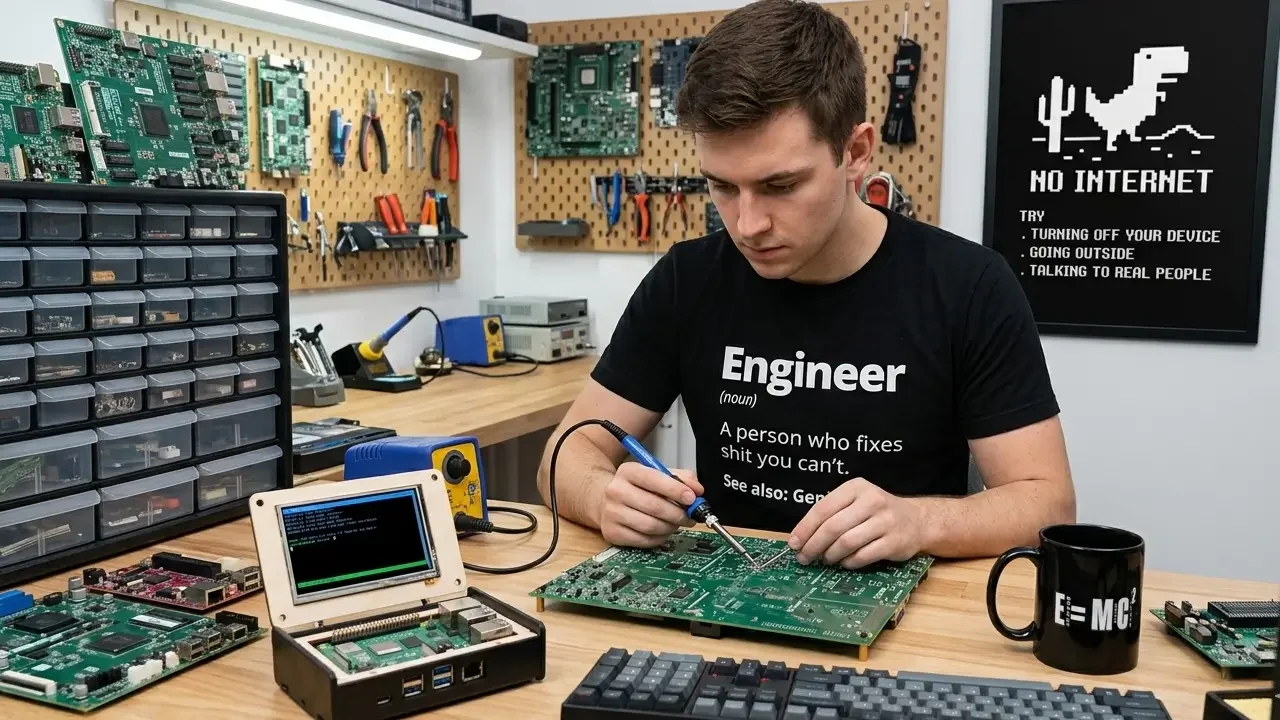 A hardware engineer soldering a circuit board at a lab workbench, showcasing practical electronics equipment and the best computer engineering gifts like component storage, test tools, and an engineer definition t-shirt.