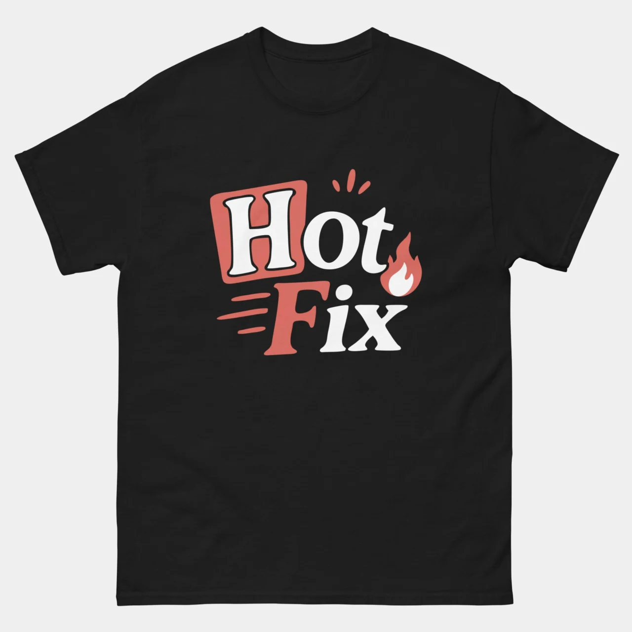 Hot Fix Funny Software Developer T-Shirt with Flame Icon in Black