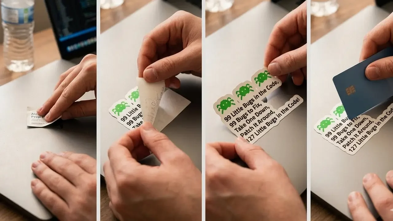A step-by-step tutorial panel showing how to apply computer laptop stickers, including cleaning the surface with a prep pad, peeling the backing, and using a plastic card to smooth out air bubbles