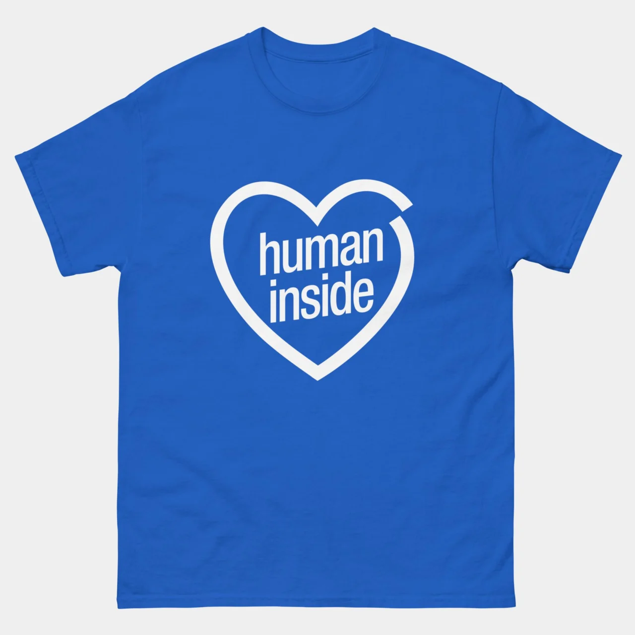 Royal blue Human Inside Funny Tech Parody Shirt featuring a heart outline containing the text Human Inside processor branding, clever technology humor graphic tee for tech geeks and developers