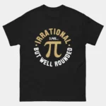 Black funny Irrational But Well Rounded Pi Day Shirt - math t-shirt with circular badge design featuring the Pi symbol and 3.1415 with arched text reading Irrational But Well Rounded in gold and white, funny Pi Day gift tee for mathematicians and math teachers