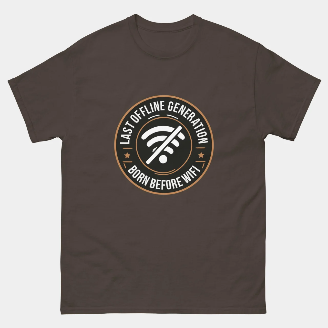 Brown Last Offline Generation Retro Tech Shirt featuring a circular emblem with a crossed-out WiFi symbol reading Last Offline Generation on top and Born Before WiFi on the bottom with gold and black badge styling, nostalgic pre-internet generation humor graphic tee