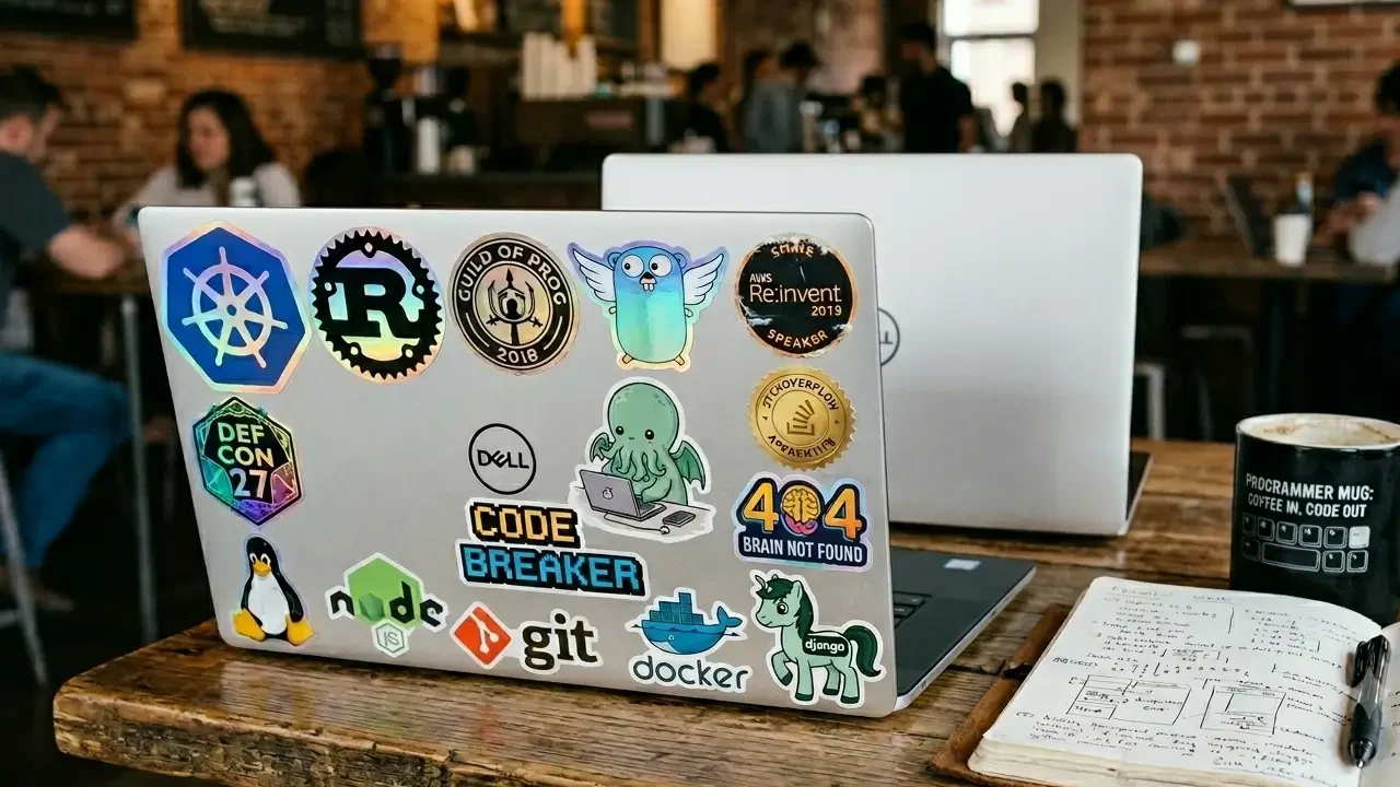 A silver Dell laptop in a coffee shop displaying rare holographic and limited-edition conference badges, showcasing some of the coolest laptop stickers for programmers from Def Con and AWS Re:Invent