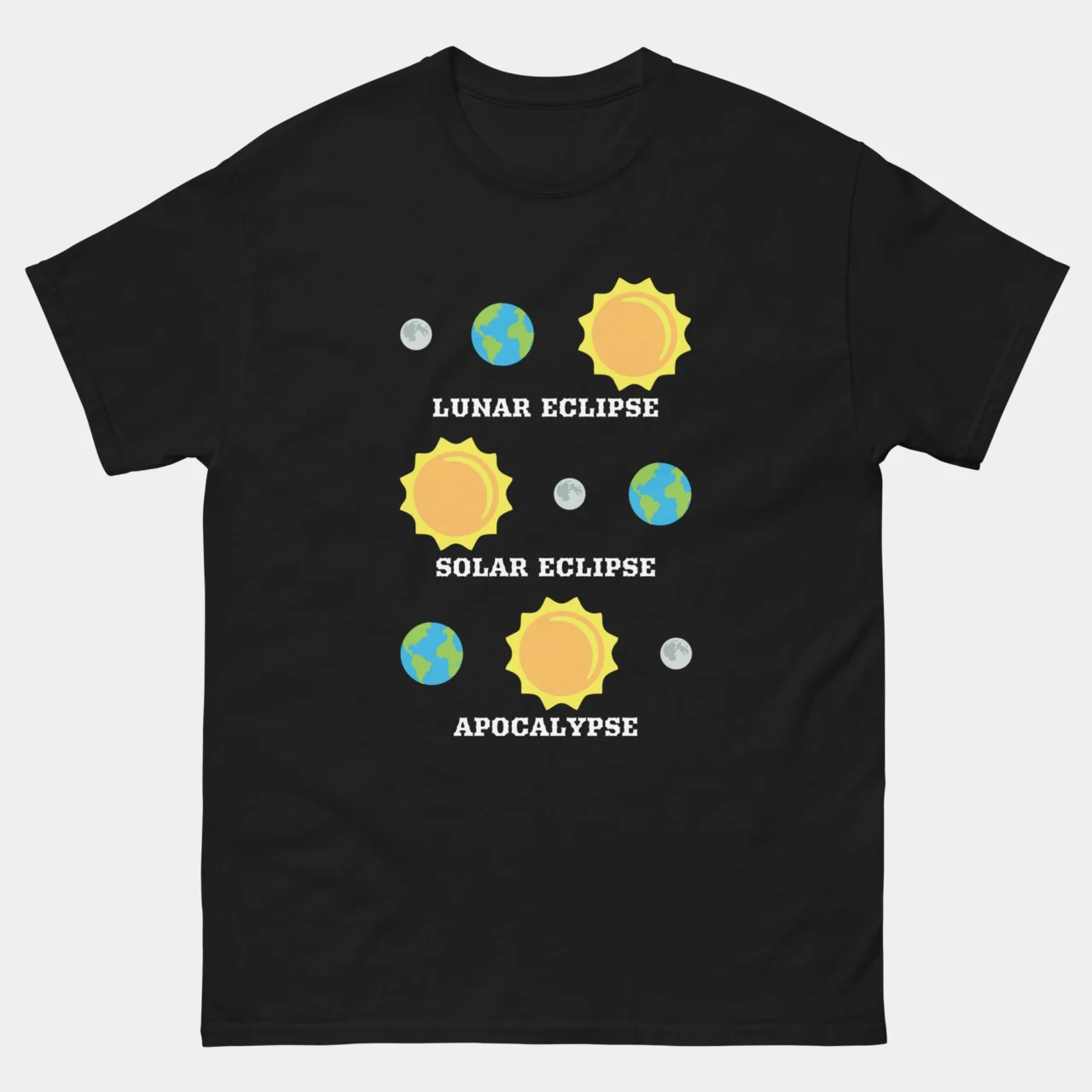 Black funny Lunar Solar Apocalypse Astronomy Shirt showing three diagrams of Earth Moon and Sun alignments labeled Lunar Eclipse Solar Eclipse and Apocalypse, space science humor graphic tee for astronomy lovers