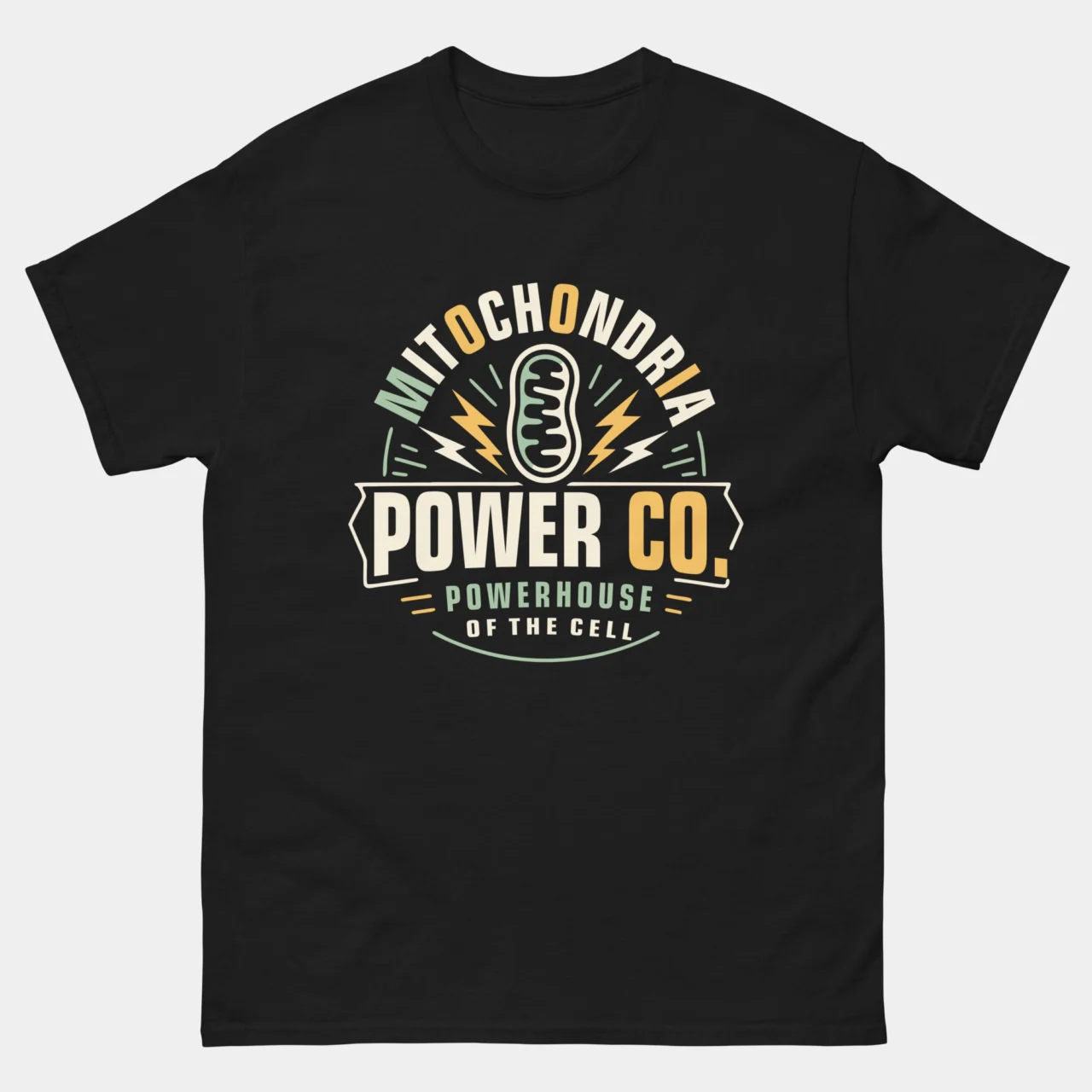 Black funny Mitochondria Powerhouse Of The Cell Shirt with retro badge design reading Mitochondria Power Co Powerhouse of the Cell featuring lightning bolts and a mitochondria cell illustration, biology humor graphic tee for science teachers and STEM lovers
