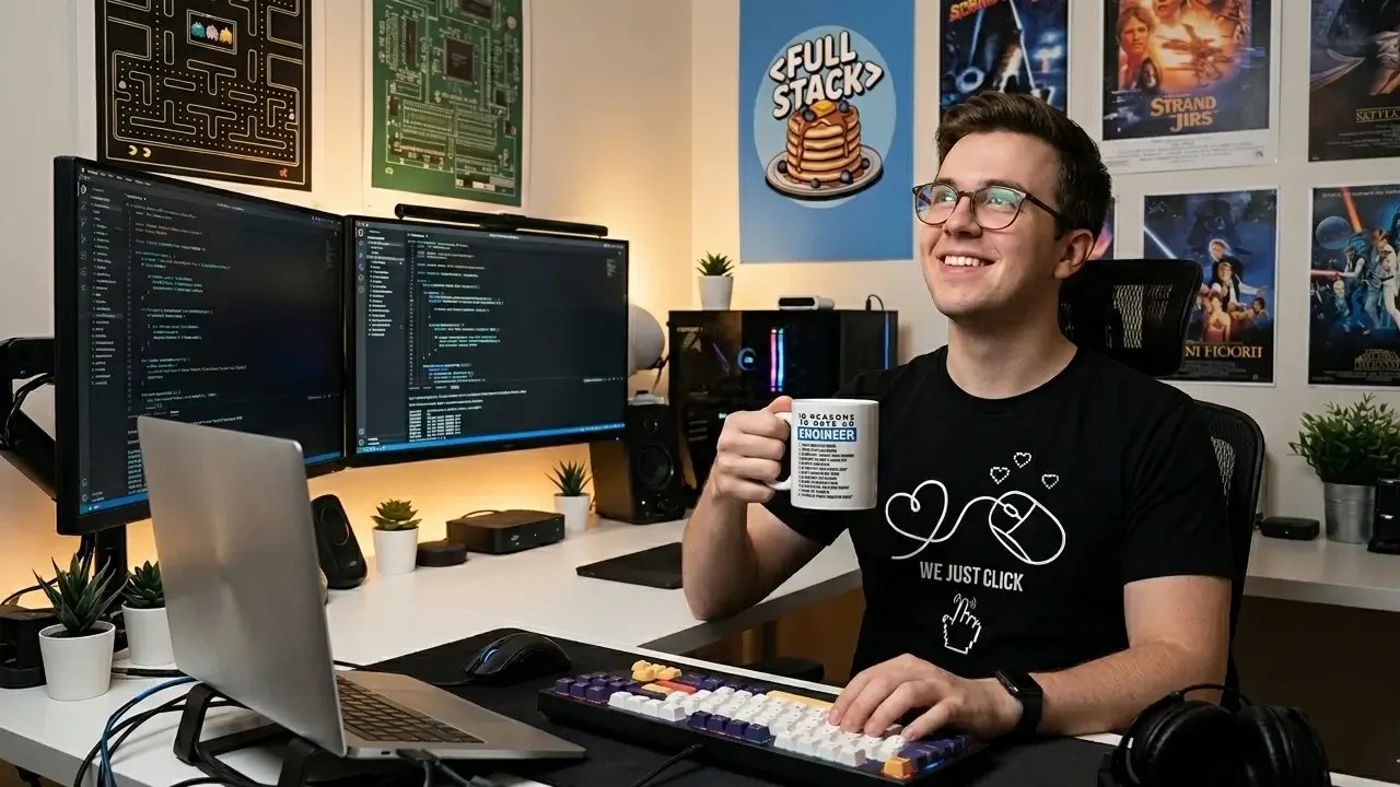 A smiling software engineer at his dual-monitor desk setup, wearing a "We Just Click" t-shirt and holding a programmer coffee mug, perfect inspiration for nerd gifts for boyfriend.
