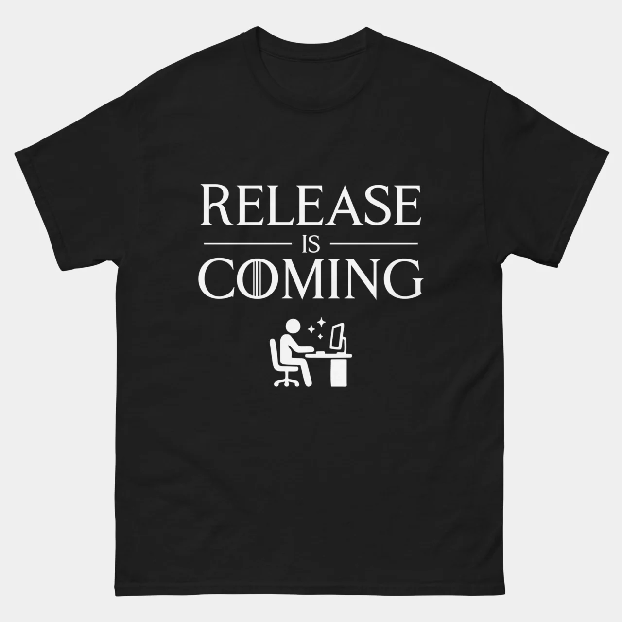 Release Is Coming Funny Developer T-Shirt - Funny Developer Movie Parody Shirt with Coding Icon in Black