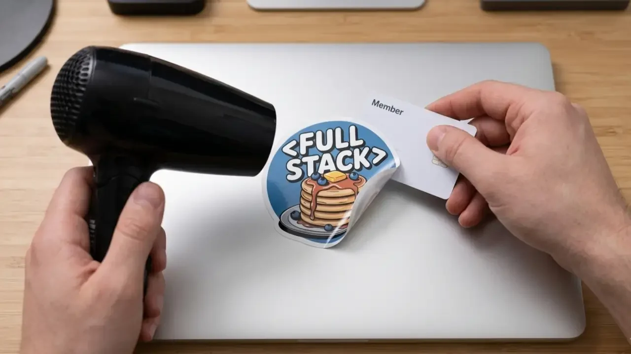 Using a hairdryer and a plastic card to safely peel a Full Stack sticker off a silver laptop lid without leaving residue, answering the question are stickers safe for laptops.