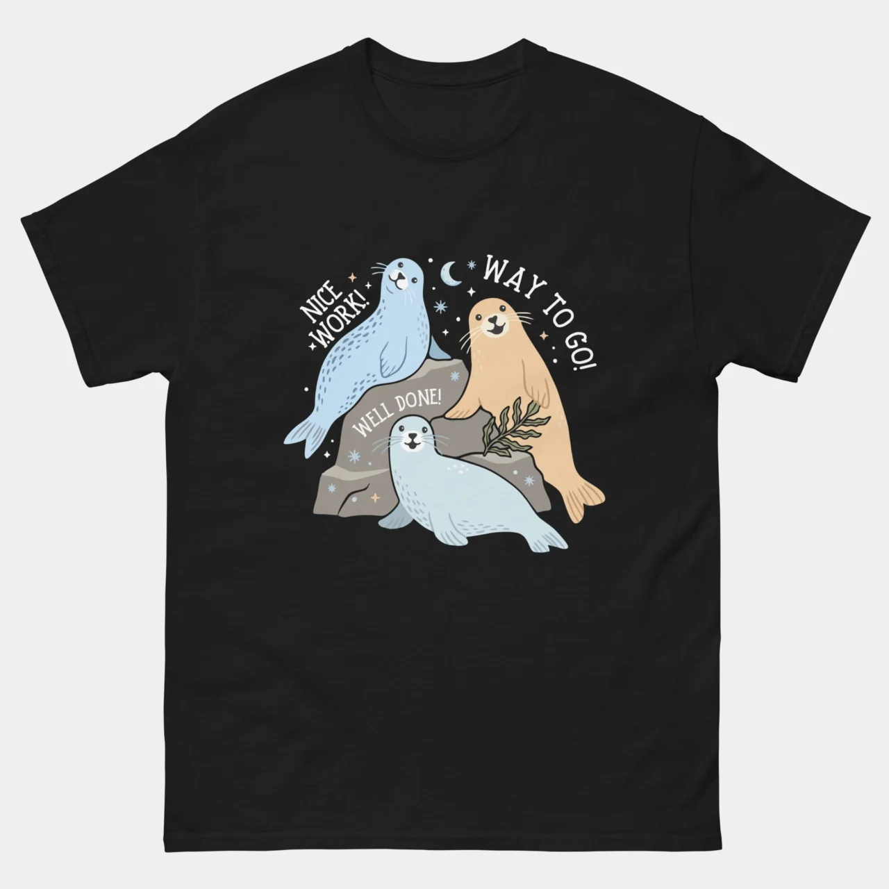 Black cute Seals of Approval Funny Encouragement Tee featuring three illustrated seals on rocks labeled Nice Work Way To Go and Well Done with a crescent moon and stars, funny seal of approval graphic tee for teachers and animal pun lovers