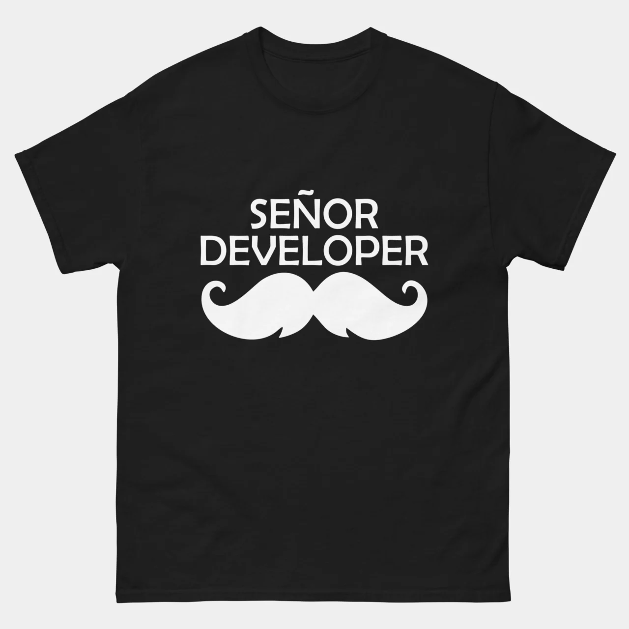 Black funny Senor Developer Funny Senior Dev Shirt with bold white text reading Señor Developer with a tilde accent above a large illustrated mustache graphic, senior developer bilingual pun humor graphic tee for experienced programmers