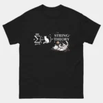 Black funny String Theory Cat Math Pun T-Shirt showing an infinite summation equation with a cat tangled in yarn string equal to the words String Theory, cute nerdy math and cat lover graphic tee