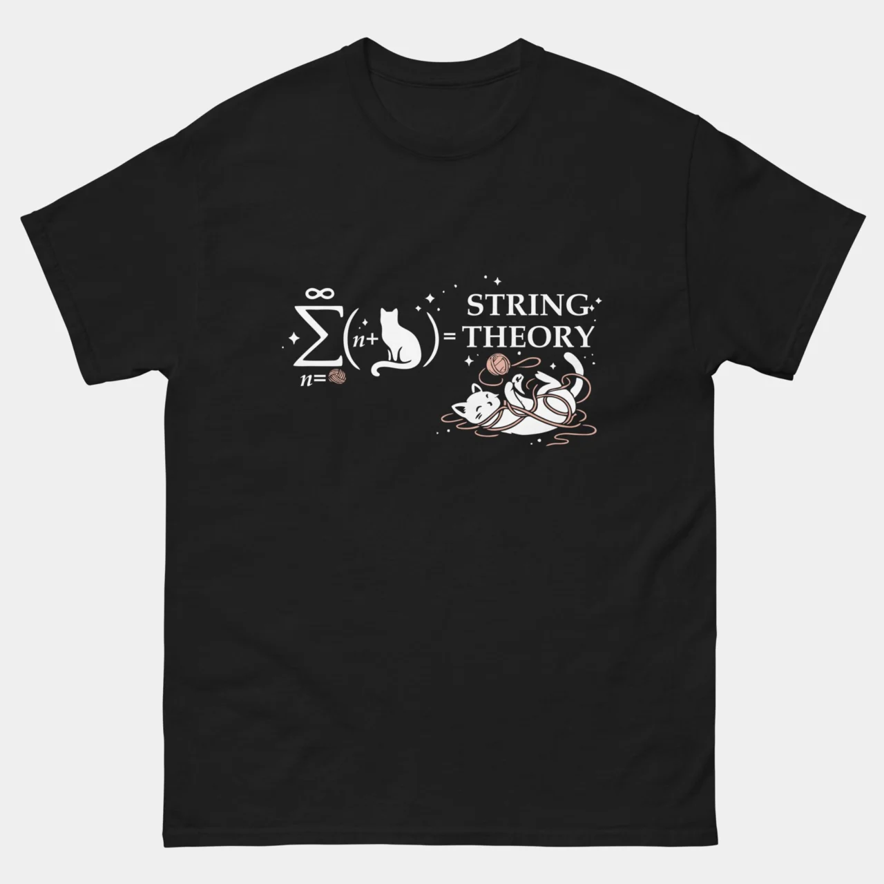 Black funny String Theory Cat Math Pun T-Shirt showing an infinite summation equation with a cat tangled in yarn string equal to the words String Theory, cute nerdy math and cat lover graphic tee
