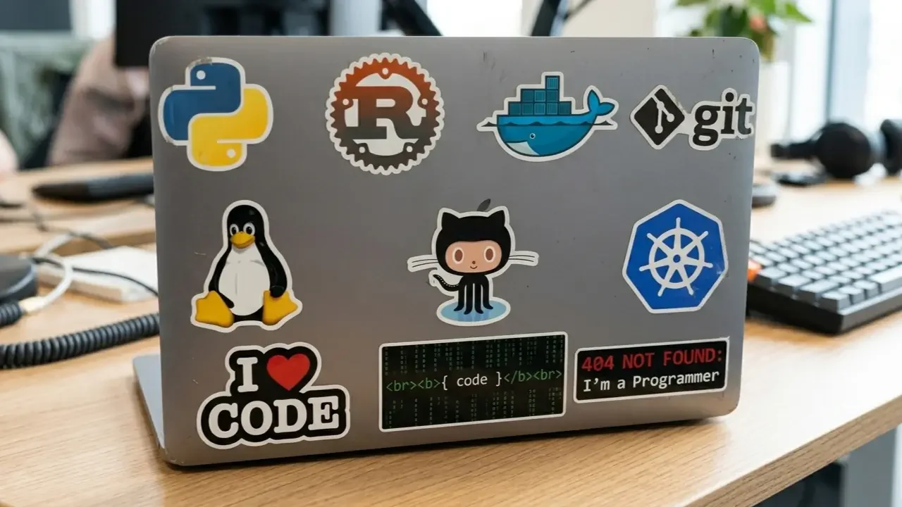 A silver tech workspace laptop covered in the most popular developer laptop stickers, featuring prominent DevOps, Linux, and programming language decals on an office desk