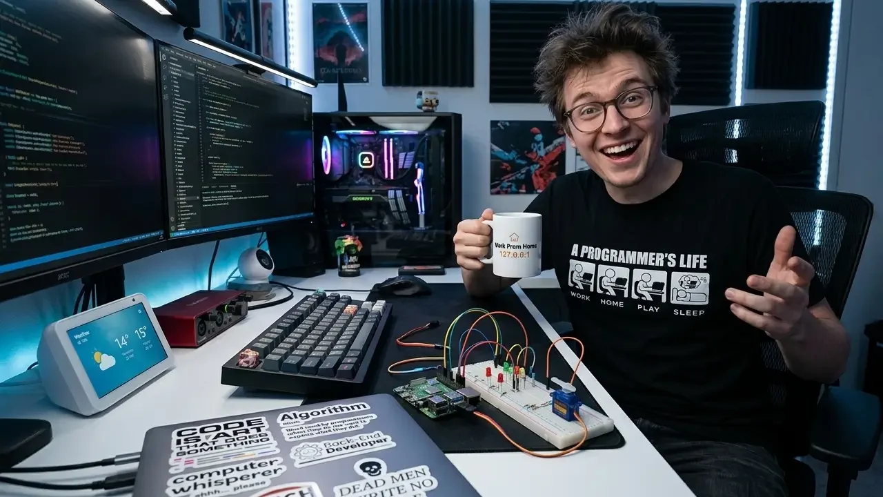 A cheerful man at a dual-monitor workstation showcasing unique tech nerd gifts, wearing an "A Programmer's Life" t-shirt and gesturing toward a custom breadboard electronics project connected to a Raspberry Pi.