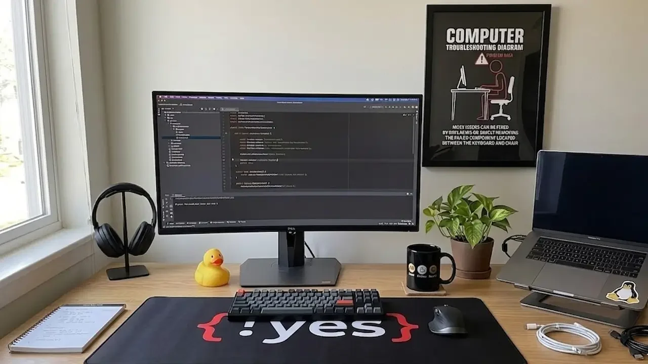 A modern tech workspace featuring quirky office supplies like a yellow rubber duck, a funny computer troubleshooting diagram poster on the wall, and a custom mechanical keyboard on a code desk mat.