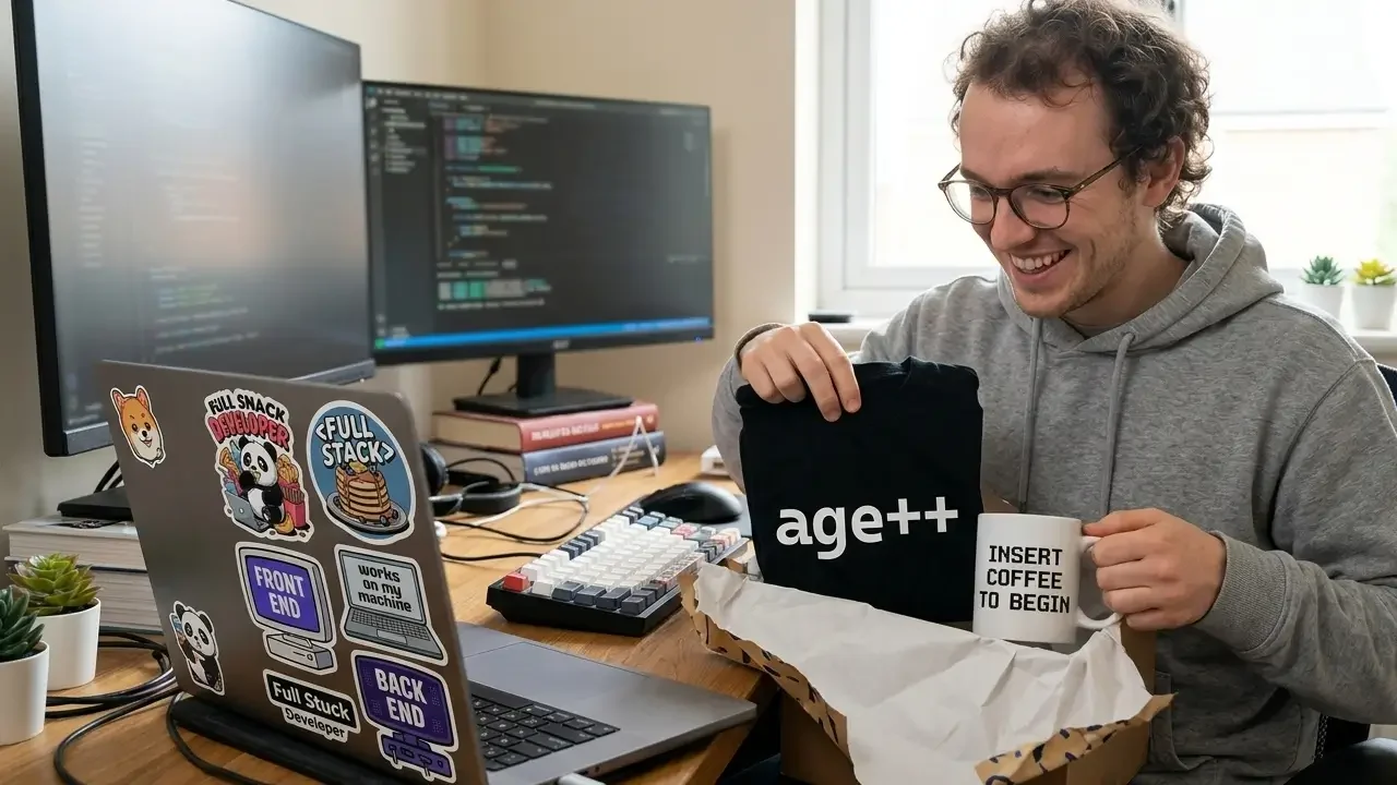 A smiling software developer unboxing a package of computer programmer gifts at his workspace, holding an age plus plus programmer t-shirt and an insert coffee to begin novelty mug.