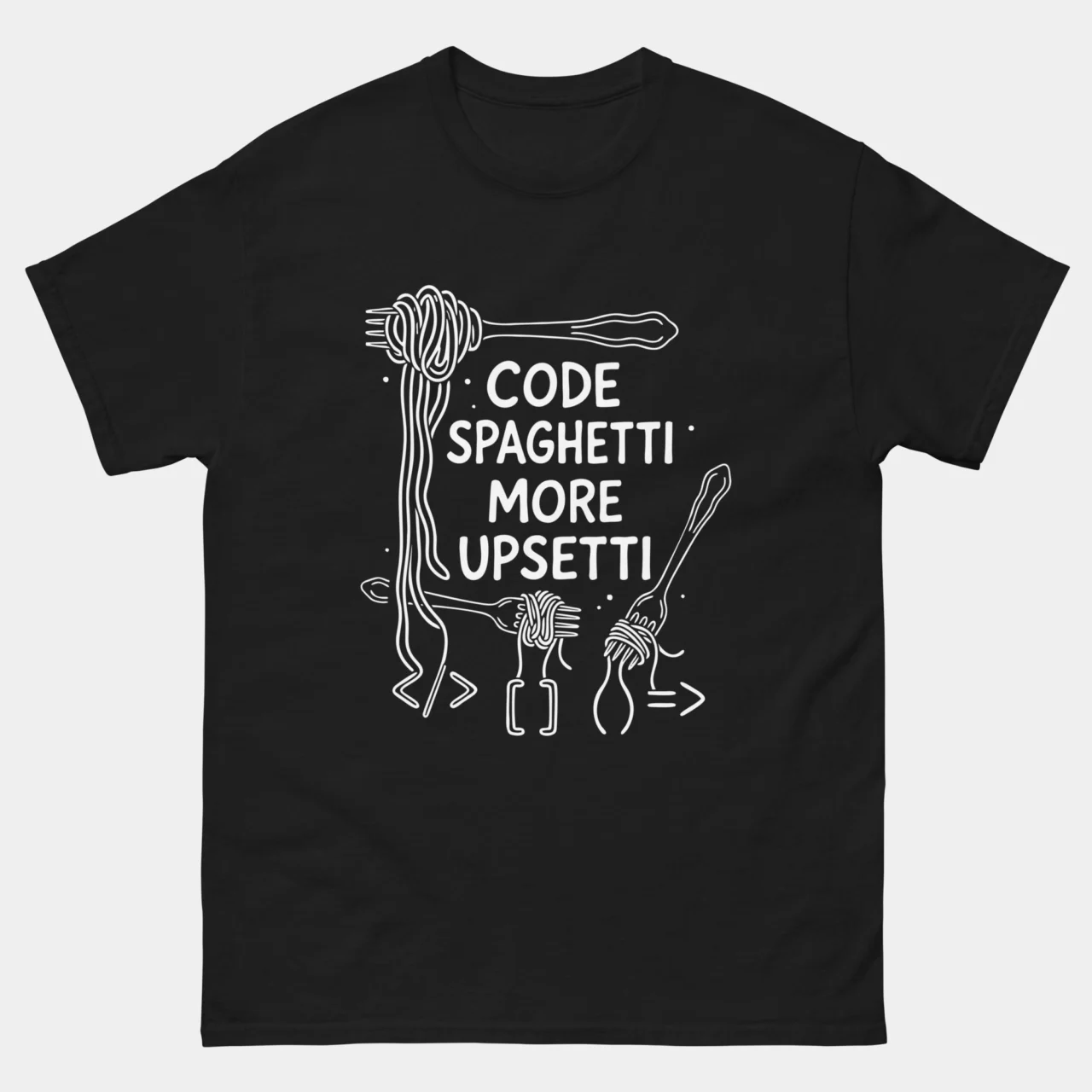 Funny Code Spaghetti More Upsetti Programmer Tee in Black