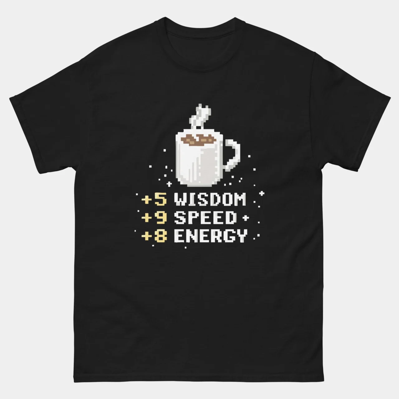 Coffee Power Up Pixel Art Gamer T-Shirt - RPG Gamer Coffee Lover T-Shirt in Black