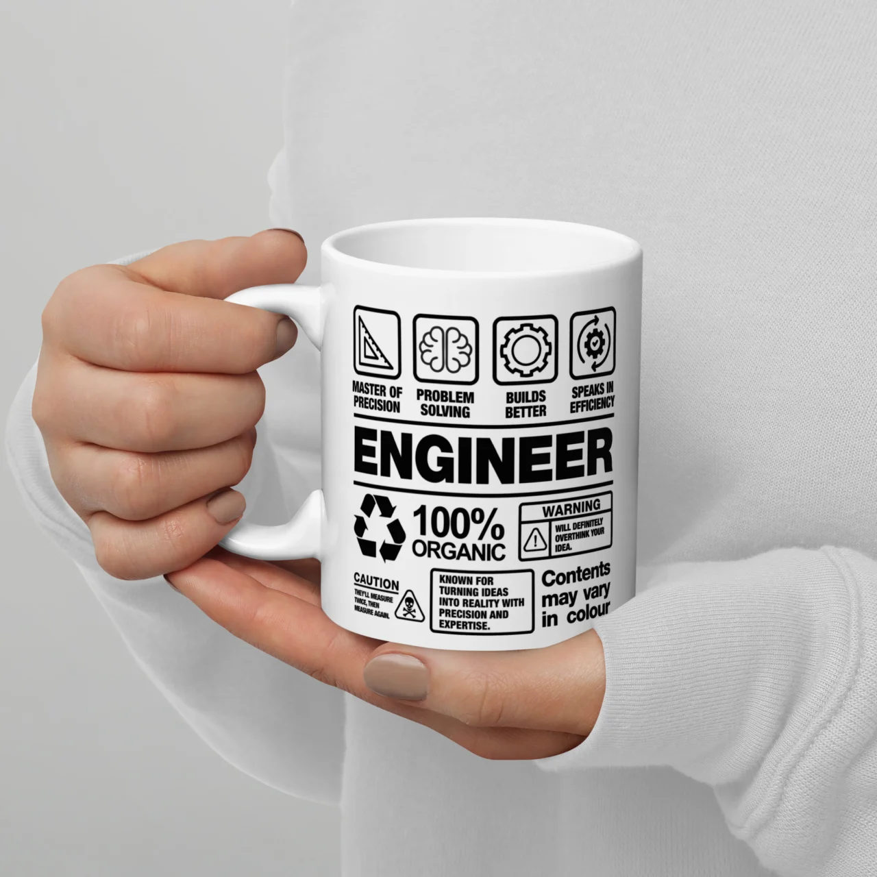 White ceramic mug styled like a product warning label reading "Engineer, 100% Organic," a Engineer Label Funny Job Title Mug for engineers