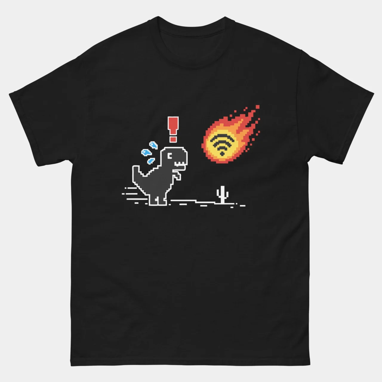 No Wifi Dinosaur Pixel Art Funny T-Shirt - Wifi Fireball Meme T-Shirt in Black