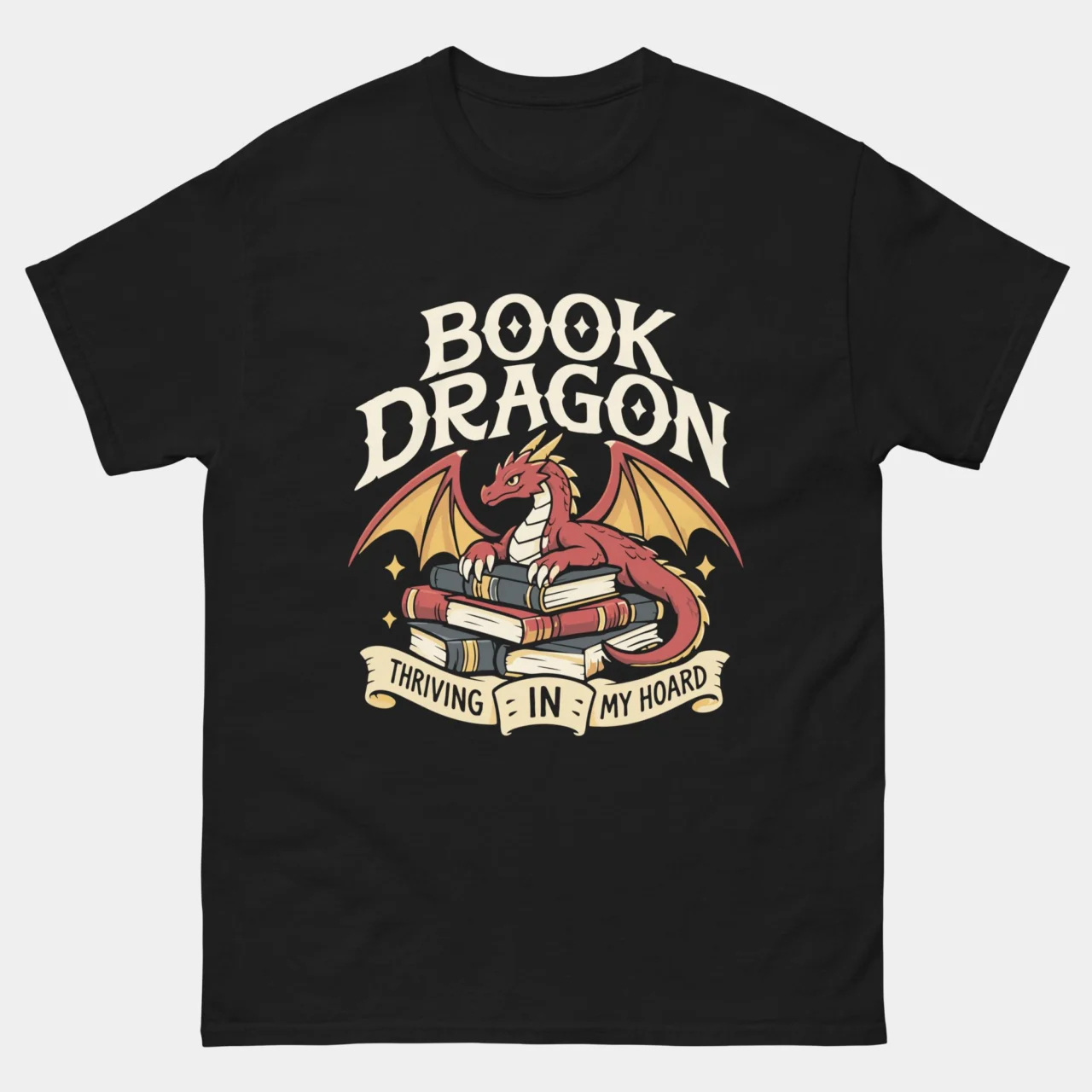 Funny Book Dragon Thriving In My Hoard Reader Tee in Black