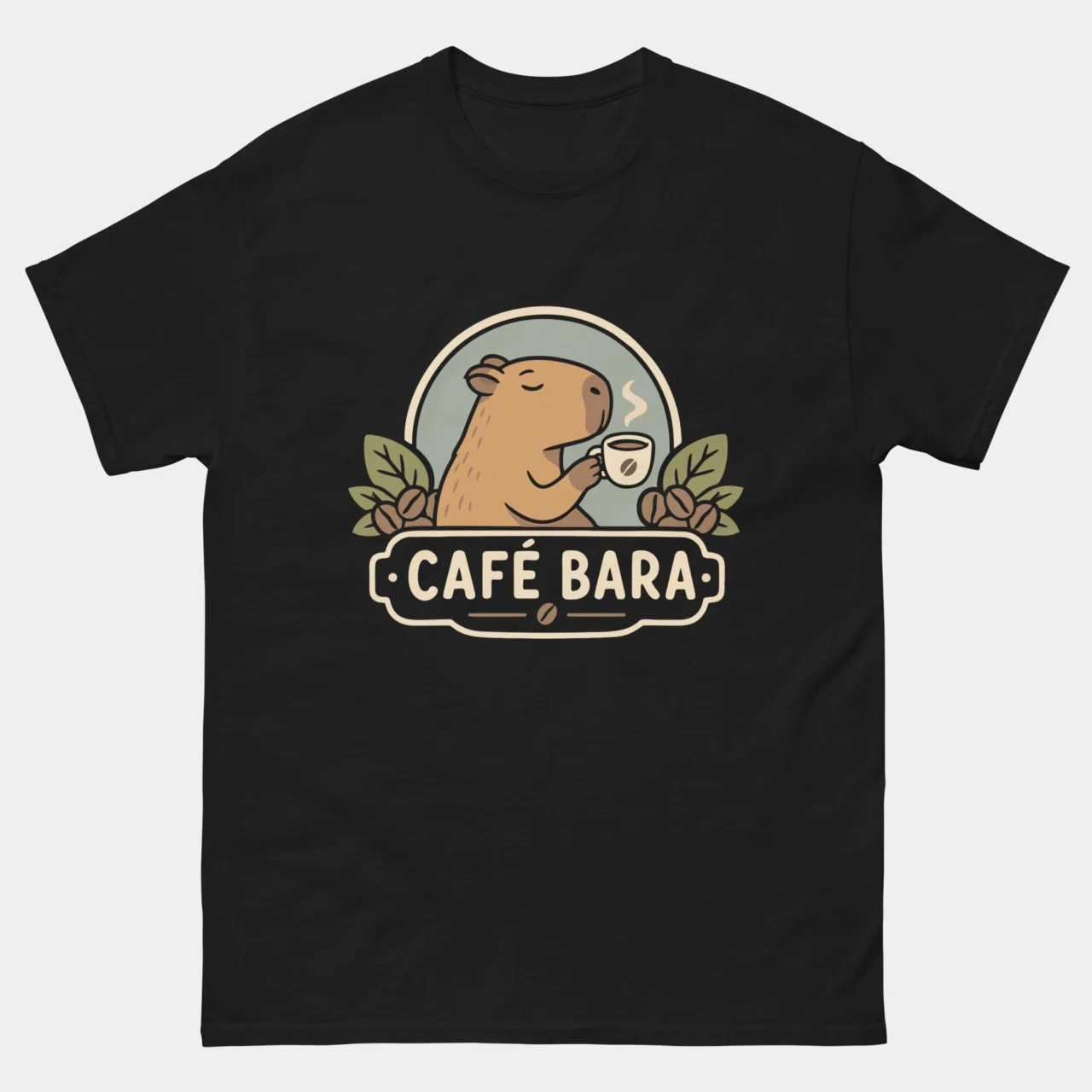 Black Cafe Bara Capybara Coffee T-Shirt with a cute capybara sipping coffee surrounded by coffee beans and leaves above a Café Bara banner