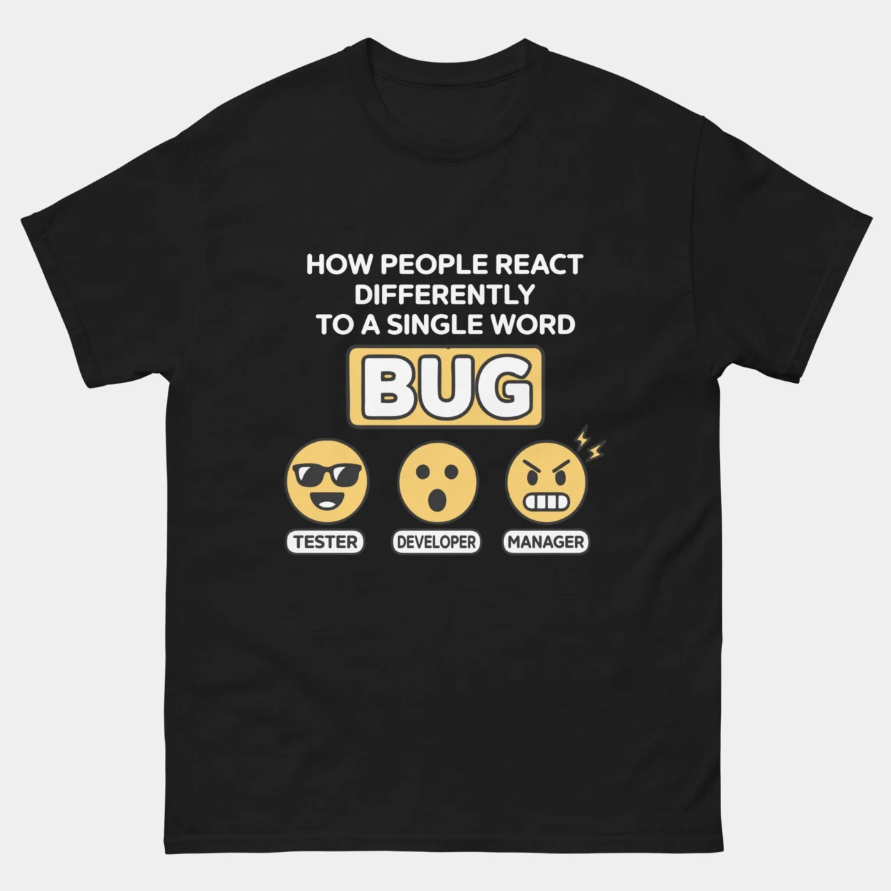 Black Funny Bug Reaction T-Shirt showing tester, developer and manager emoji faces reacting to the word BUG