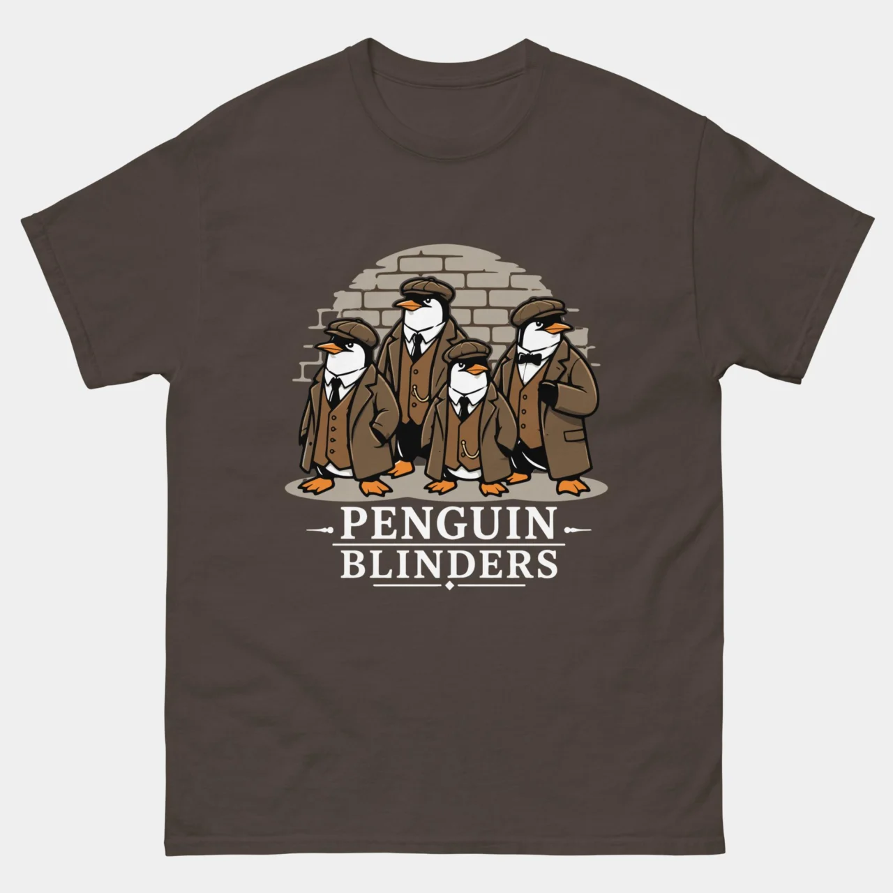 Brown Penguin Blinders Funny T-Shirt with four cartoon penguins in flat caps and tweed coats standing by a brick wall above the text Penguin Blinders