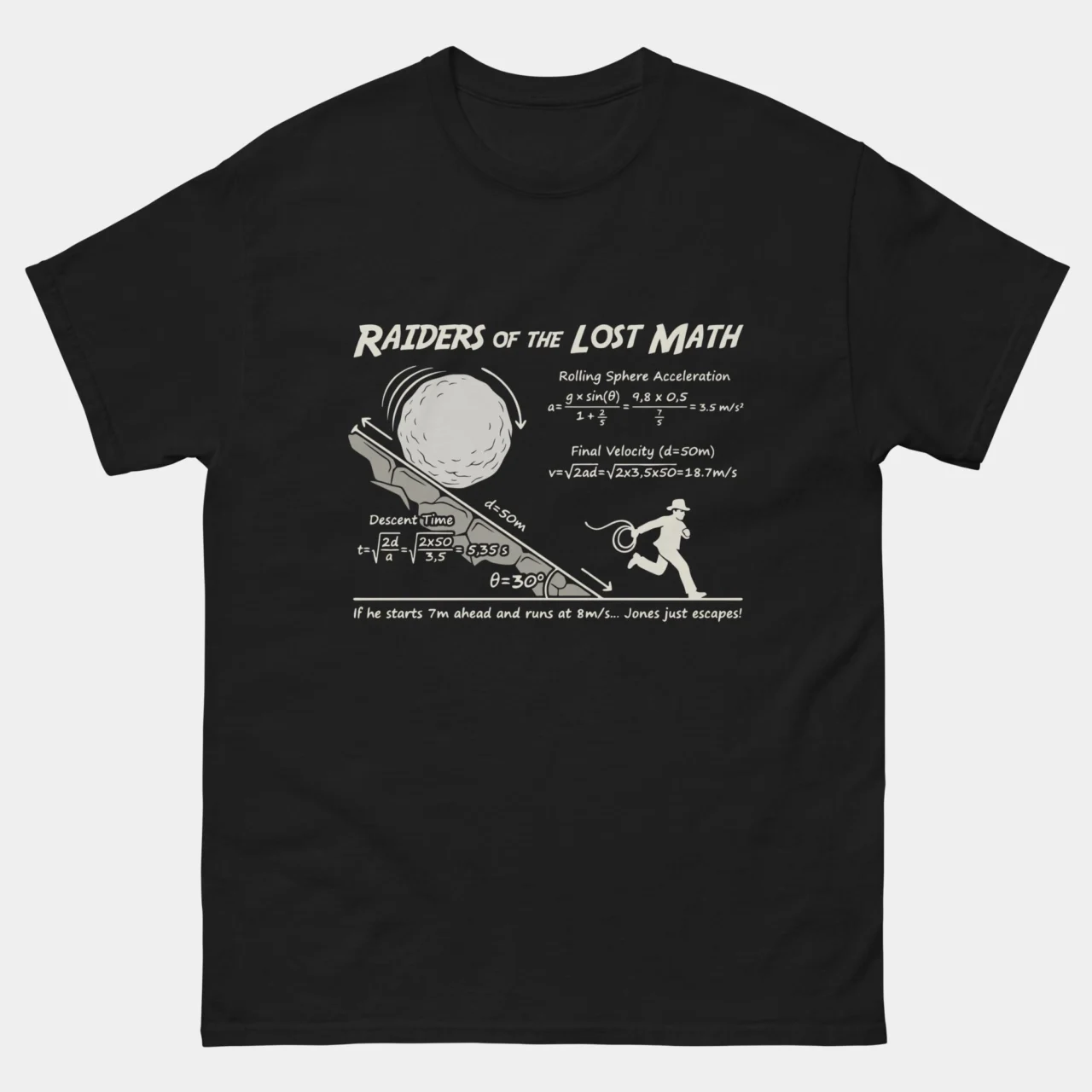Black Raiders of the Lost Math Funny T-Shirt, a rolling boulder on a slope, a running adventurer and physics equations
