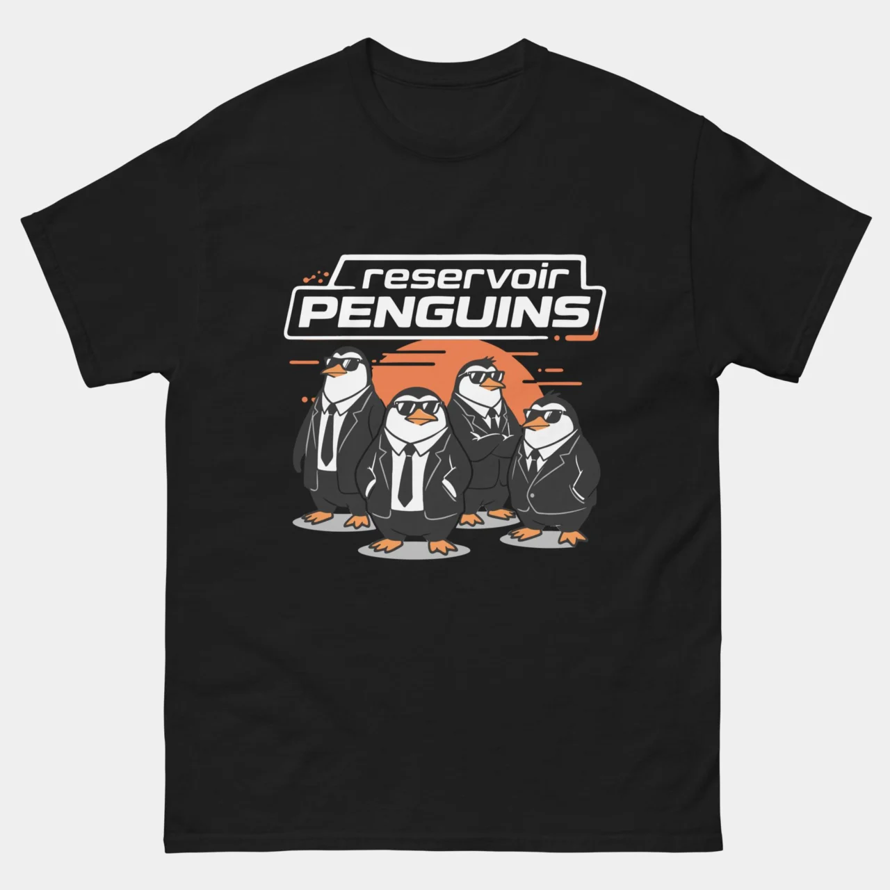 Black Reservoir Penguins Funny T-Shirt with four cartoon penguins in black suits, ties and sunglasses above the text Reservoir Penguins
