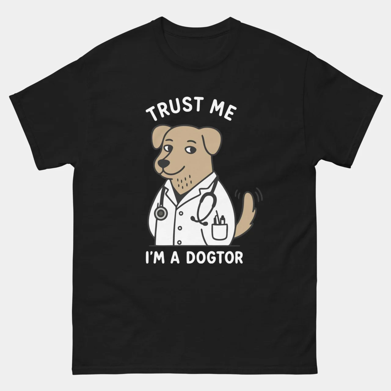 Black Trust Me I’m A Dogtor Funny Dog Doctor Tee with a cartoon dog wearing a doctor’s lab coat and stethoscope