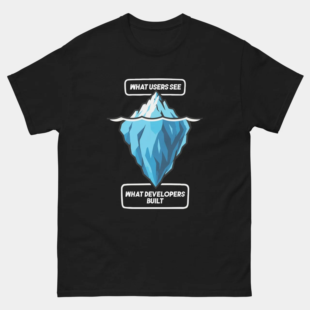 Black Funny Developer Iceberg T-Shirt with an iceberg illustration labeled What Users See above the waterline and What Developers Built below it