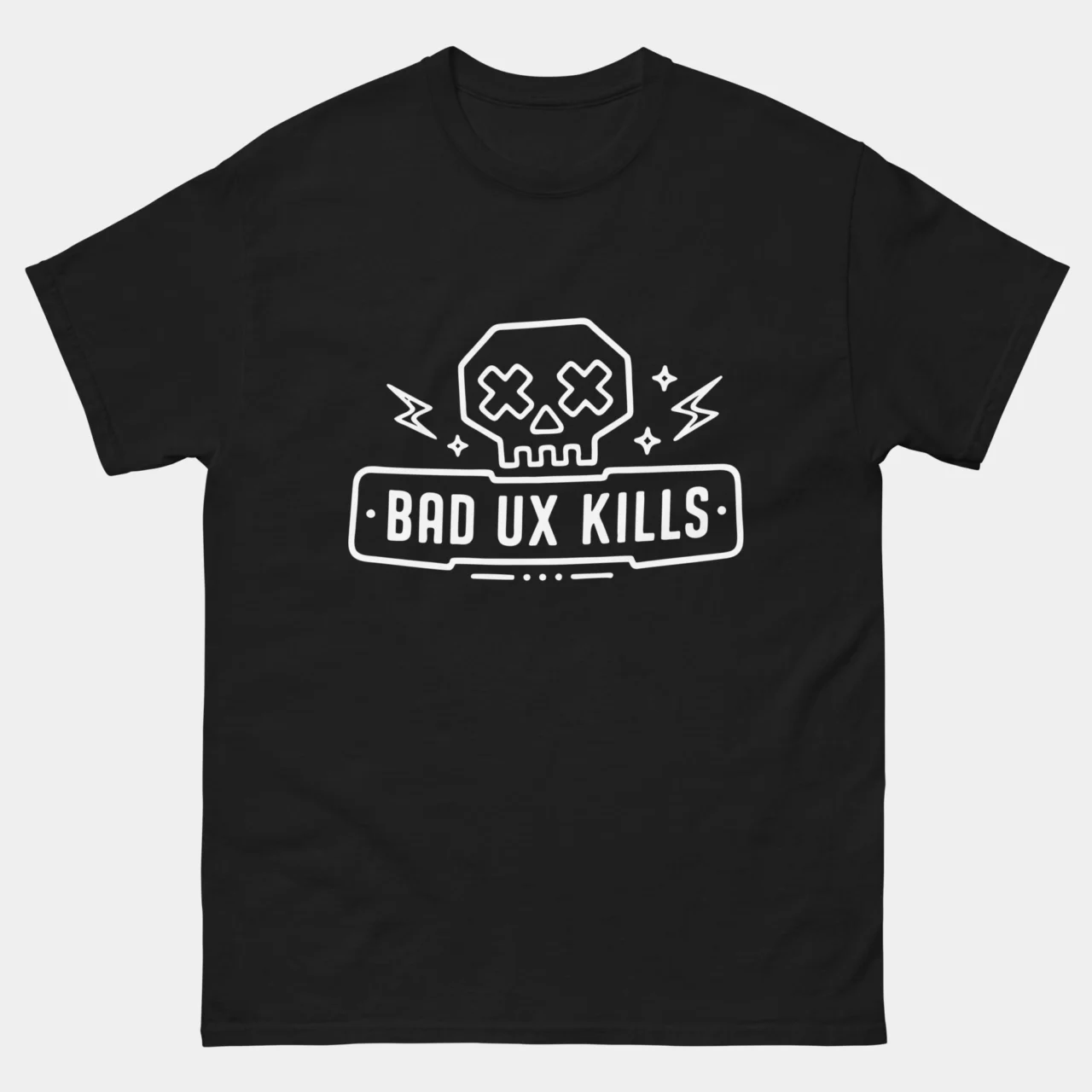 Black Bad UX Kills Funny UI UX Designer T-Shirt with a white line-art skull and the text Bad UX Kills, a funny UI UX designer design