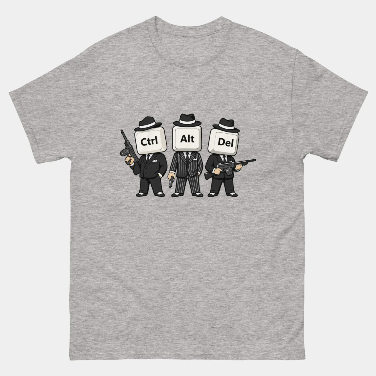 Sport grey Ctrl Alt Del Funny Keyboard T-Shirt with three cartoon gangsters with Ctrl Alt and Del keycap heads in black suits and fedoras