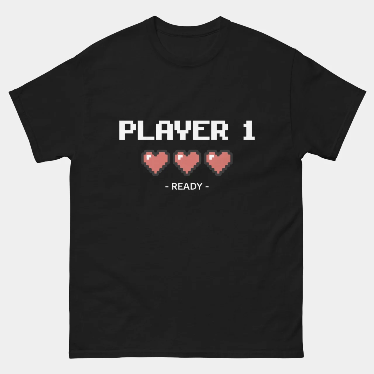 Black Player 1 Ready Gamer Couple Matching Shirt with pixel text Player 1 and three red pixel hearts above the word Ready, a retro gamer design