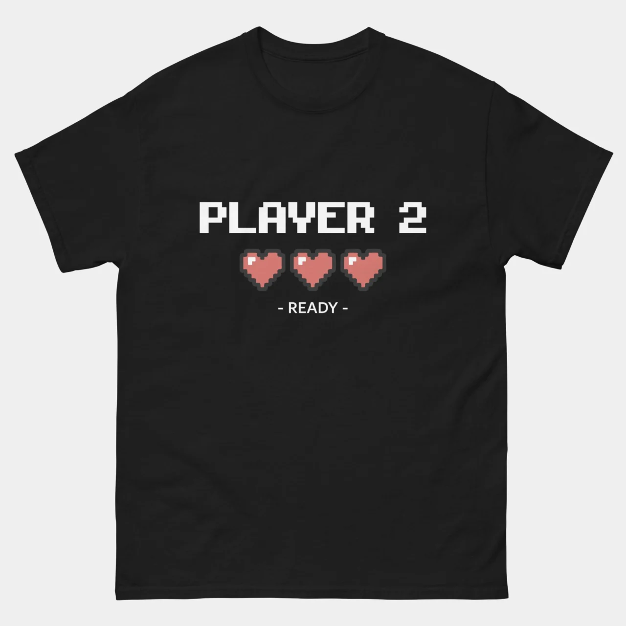 Black Player 2 Ready Gamer Couple Matching Shirt with pixel text Player 2 and three red pixel hearts above the word Ready, a retro gamer design