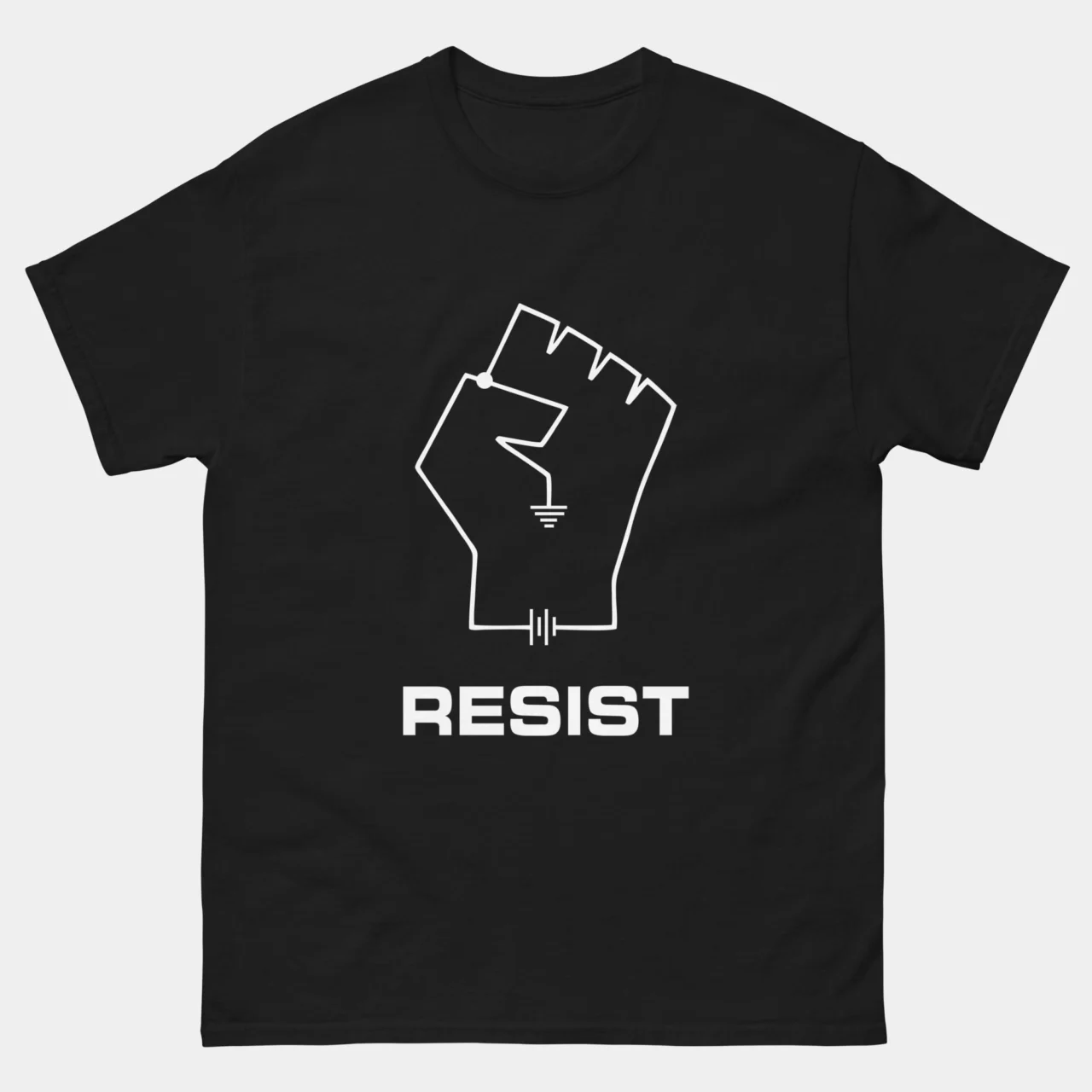 Black Resist Funny Electrical Engineer T-Shirt with a raised fist drawn as a circuit diagram with a battery and ground symbol above the word RESIST
