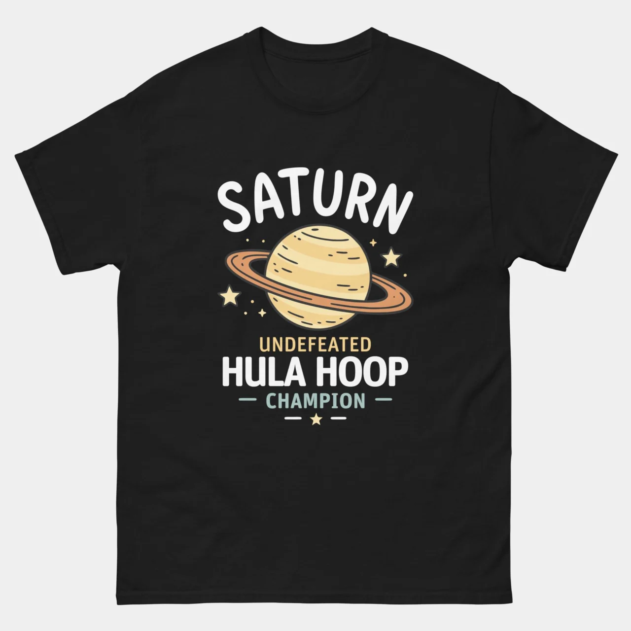 Black Saturn Hula Hoop Champion Space T-Shirt with a golden Saturn and stars, a funny space design