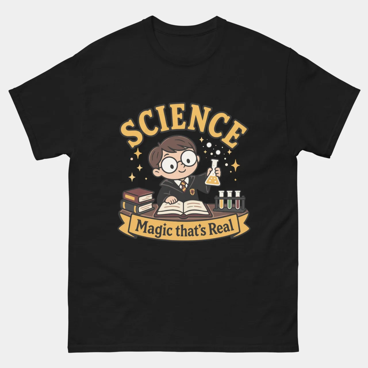 Black Science Magic That’s Real Funny Scientist Tee with a young scientist holding a flask.