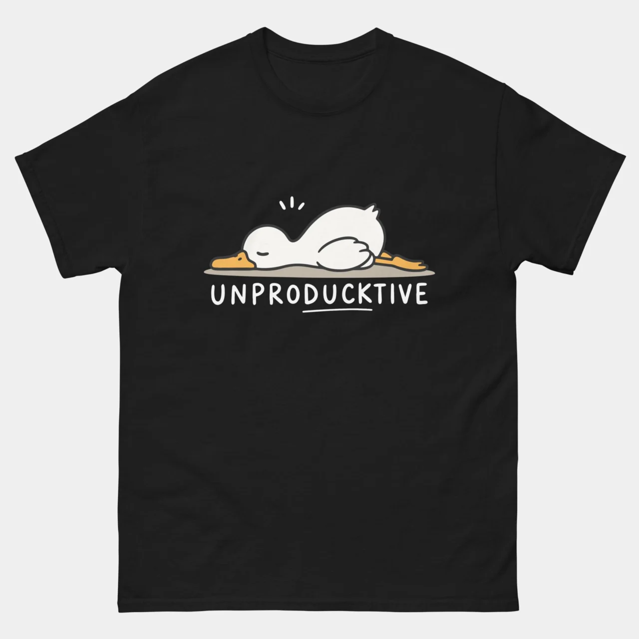Black Unproducktive Funny Lazy Duck T-Shirt with a cute white duck lying flat on the ground with unproductive pun